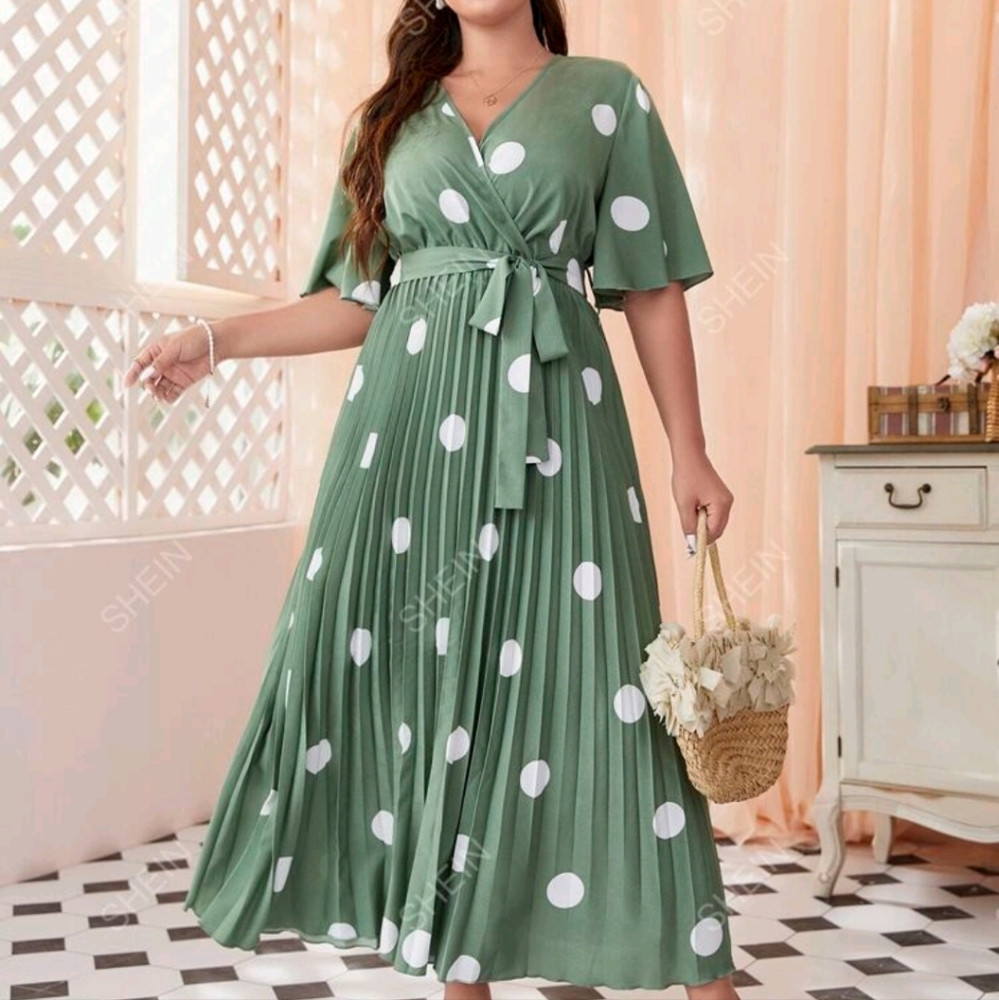 Mulvari Plus Polka Dot Print Butterfly Sleeve Pleated Belted Dress